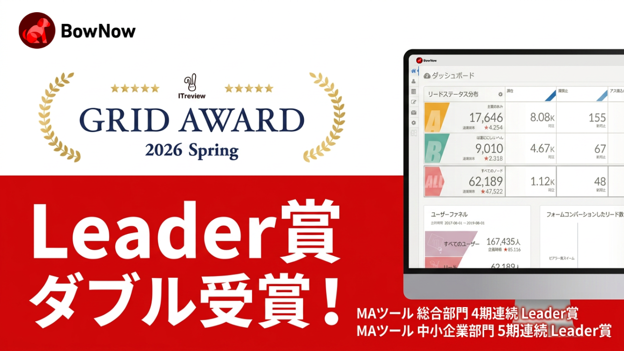 クラウドサーカスの『BowNow』、ITreview Grid Award 2026 SpringでMAツール総合部門4期連続・中小企業部門5期連続のLeader賞を受賞